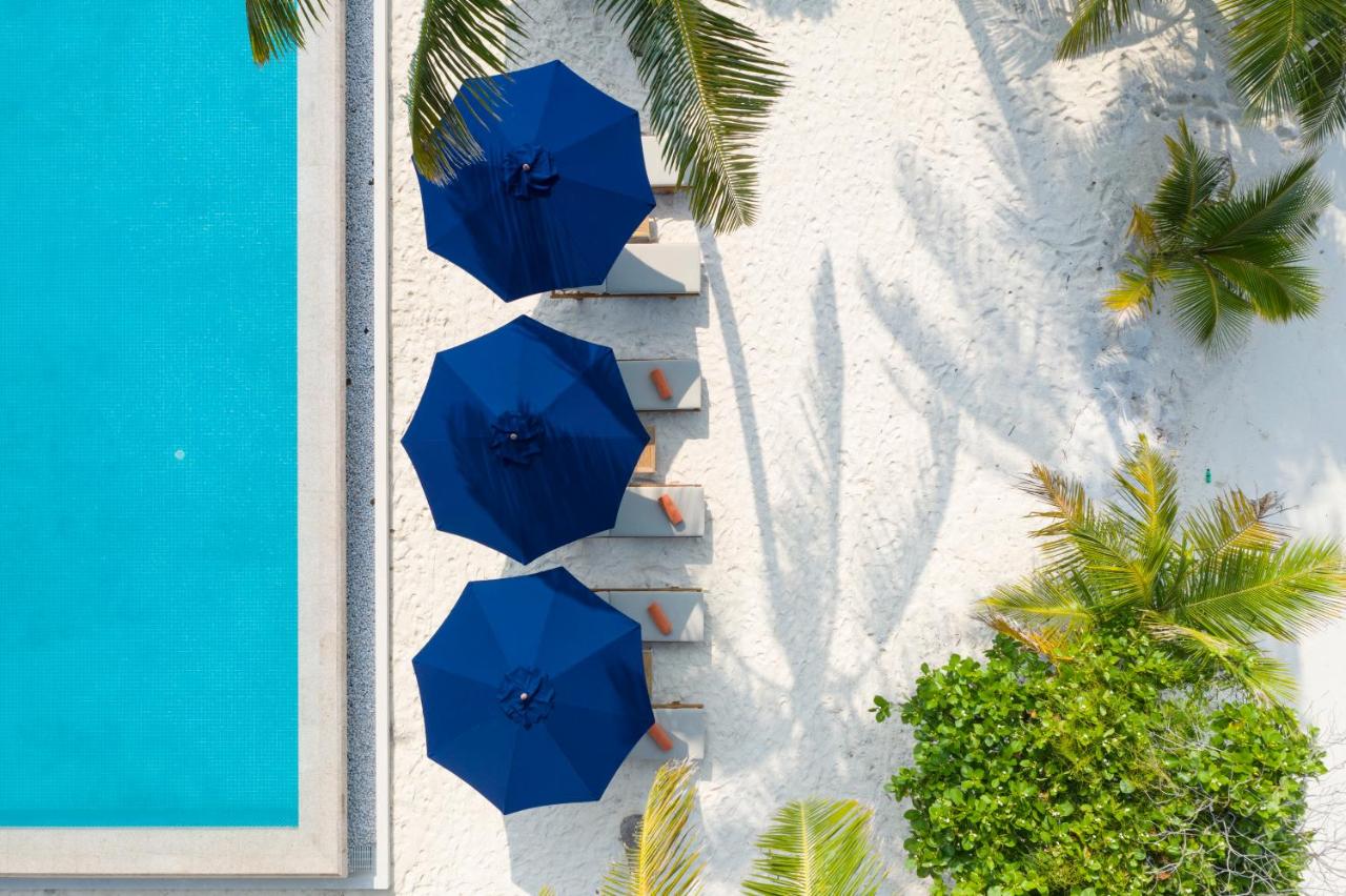 Emerald Faarufushi - piscina infinita, guarda-sóis azul-marinho no resort de luxo nas Ilhas Maldivas