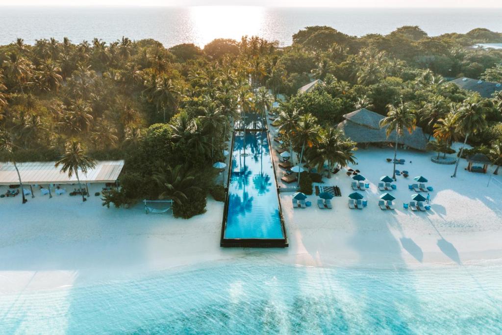 Fairmont Maldives Sirru Fen - piscina infinita, palmeiras no resort de luxo nas Ilhas Maldivas